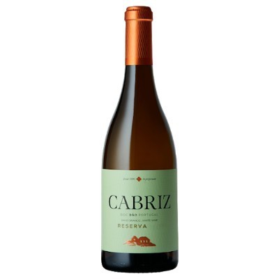 Garrafa de vinho branco Cabriz Reserva DOC Dão Portugal com rótulo verde claro e cápsula laranja