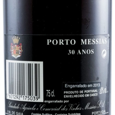 Etiqueta traseira preta de garrafa de vinho do Porto Messias 30 anos com texto branco e código de barras