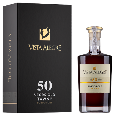 Garrafa e caixa de vinho do Porto Vista Alegre Tawny 50 anos