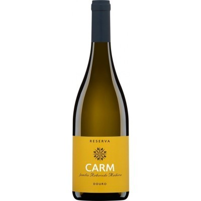 Garrafa de vinho branco com rótulo amarelo e tampa azul escura