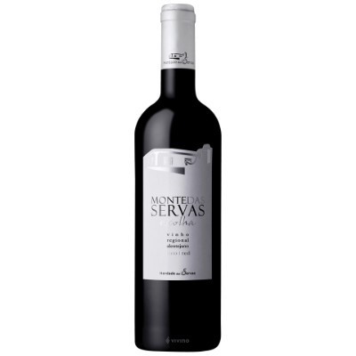 Garrafa de vinho tinto Monte da Servas Colheita 2019 com rótulo branco e tampa branca