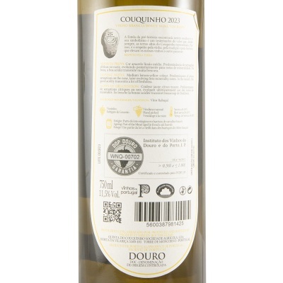 Rótulo de garrafa de vinho branco Couquinho 2023 com informações detalhadas.