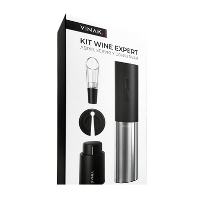 Kit para vinho VINAK com saca-rolhas elétrico, bico aerador e tampa em fundo branco