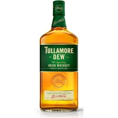 Garrafa de whiskey Tullamore Dew âmbar com rótulo verde e texto branco e dourado