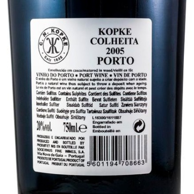 Garrafão de vinho do Porto Kopke Colheita 2005 com rótulo branco