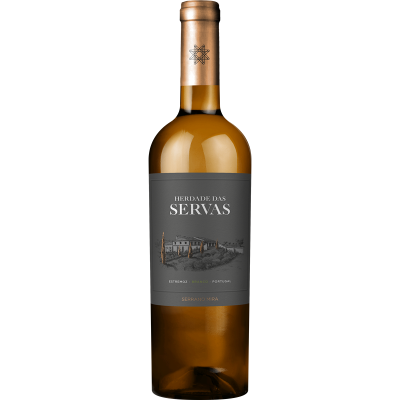 Garrafa de vinho branco Herdade das Servas com rótulo cinza escuro e cápsula dourada