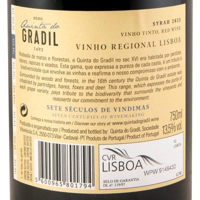Etiqueta de vinho tinto Quinta do Gradil Syrah 2023 com texto e código de barras