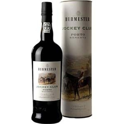 Garrafa e embalagem cilíndrica de vinho do Porto Burmester Jockey Club