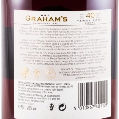 Etiqueta traseira de vinho do Porto Tawny Graham's com texto detalhado