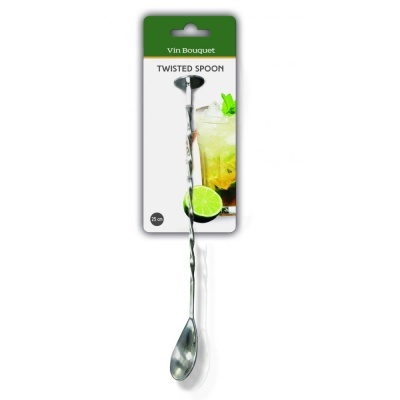 Colher torcida metálica para cocktails com embalagem e texto visível