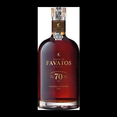 Garrafa de vinho do Porto Adega de Favaíos 70 anos com rótulo castanho e dourado.