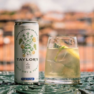 Lata de bebida TAYLOR'S DRY & TONIC e copo com gelo e limão numa mesa verde decorativa