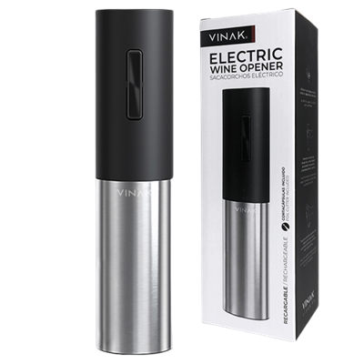 Abridor de vinho elétrico preto e aço inoxidável junto com sua caixa