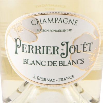 Etiqueta em garrafa de champanhe Perrier-Jouët Blanc de Blancs