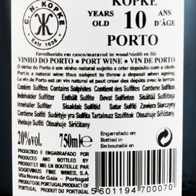 Etiqueta traseira de garrafa de vinho do Porto Kopke 10 anos