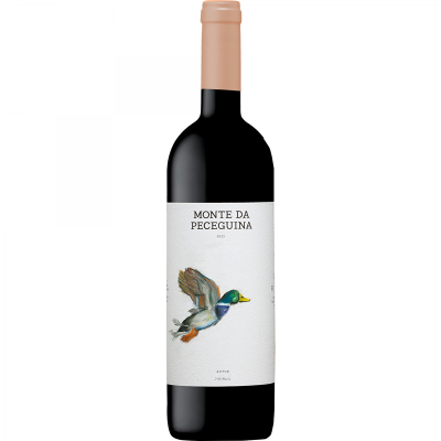 Garrafas de vinho Monte da Peceguina com rótulo branco e pato colorido