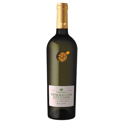 Garrafa de vinho branco Sommelier Edition com rótulo branco e tampa dourada