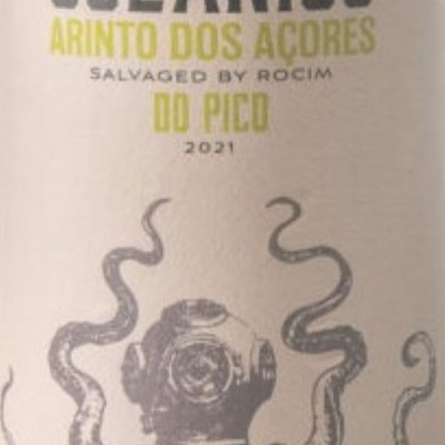 Etiqueta de vinho com escafandro antigo e tentáculos de polvo, texto OCEÂNICO ARINTO DOS AÇORES DO PICO 2021.