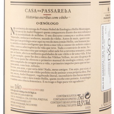 Rótulo de vinho Casa da Passarela Dão Vinhas Velhas Tinto 2021 em garrafa de vidro escuro