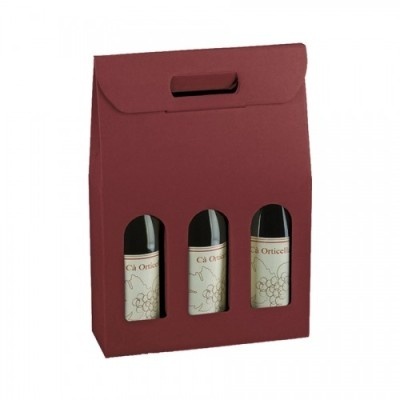 Conjunto de três garrafas de vinho em embalagem vermelha com janela e alça