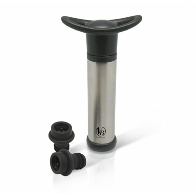 Bomba manual prateada e preta para vedar garrafas com duas rolhas pretas