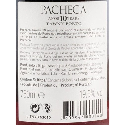 Etiqueta traseira de vinho PACHECA Anos 10 Tawny Porto com texto descritivo