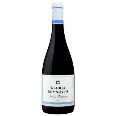 Garrafa de vinho Gloria Reynolds com rótulo branco e azul