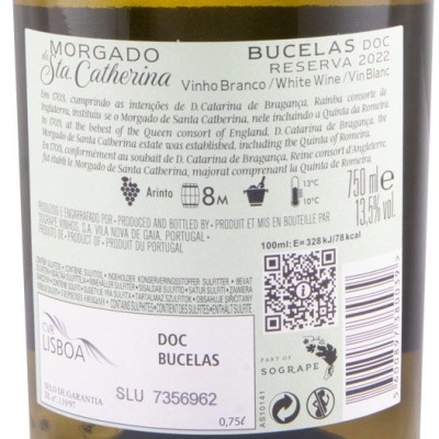 Etiqueta traseira de garrafa de vinho branco Morgado de Sta Catarina DOC Bucelas Reserva 2022