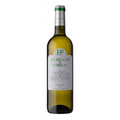 Garrafa de vinho branco Herdade do Pombal com rótulo branco e texto verde em fundo branco