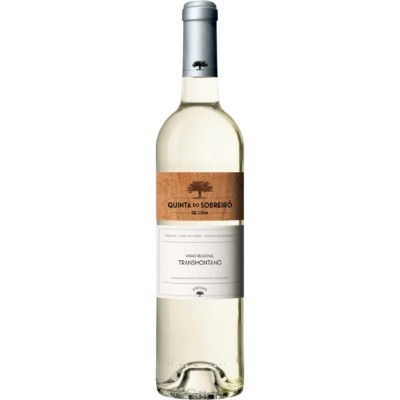 Garrafa de vinho branco Quinta do Sobreiró de Cima com rótulo castanho e branco