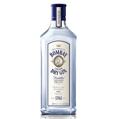 Garrafa de gin Bombay London Dry Gin com rótulo branco e azul e tampa azul escuro