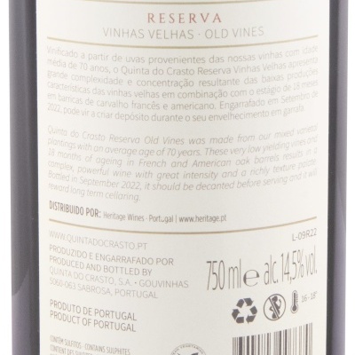 Etiqueta traseira de garrafa de vinho tinto Quinta do Crasto