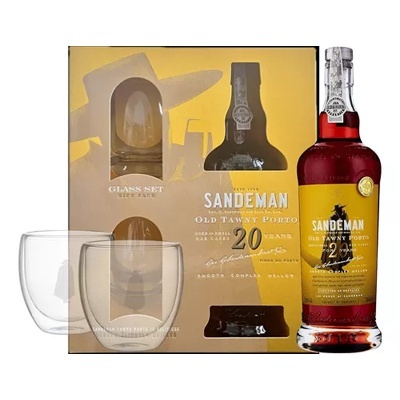 Conjunto Sandeman Old Tawny Porto com garrafa, copos e embalagem