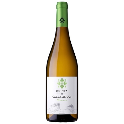 Garrafa de vinho branco Quinta de Carvalhiços Reserva com rótulo branco e tampa verde