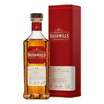 Garrafa e embalagem vermelha de whisky Bushmills Single Malt 14 anos