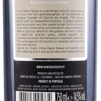 Rótulo e verso de garrafa de vinho Quinta do Crasto Vinha Maria Teresa 2016