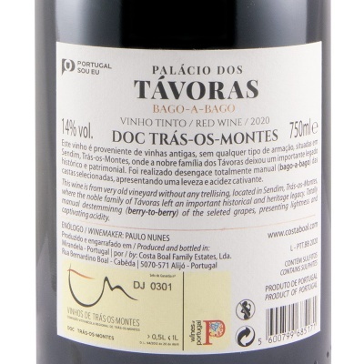 Etiqueta de vinho tinto PALÁCIO DOS TÁVORAS BAGO-A-BAGO 2020 de 750ml com texto detalhado e códigos