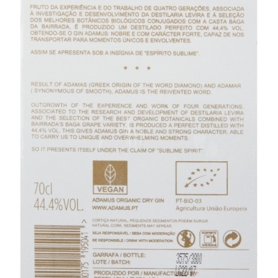 Etiqueta de garrafa de gin Adamus orgânico com informações e certificações