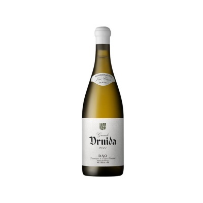 Garrafa de vinho branco Grande Druida 2017 DÃO com rótulo branco e texto preto