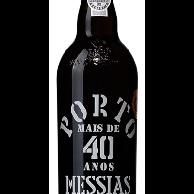 Garrafa de vinho do Porto Messias, 40 anos, rótulo branco sobre vidro escuro