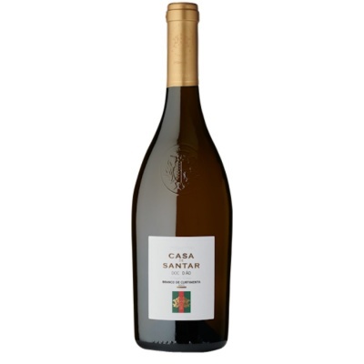 Garrafa de vinho Casa Santar branco com rótulo branco e rolha dourada