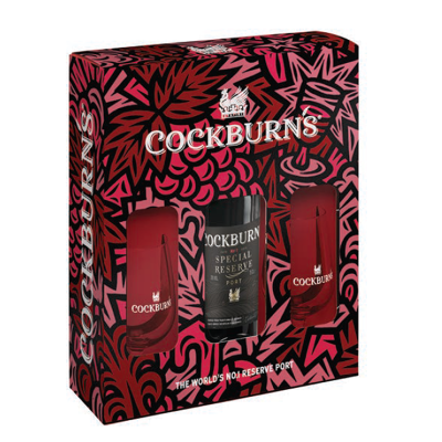 Conjunto de bebidas COCKBURNS em caixa decorada com padrão floral e rótulo SPECIAL RESERVE PORT