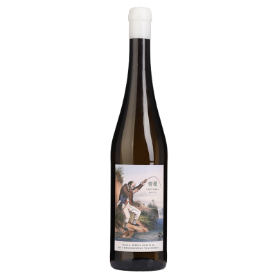 Garrafa de vinho branco com rótulo ilustrado e rolha branca