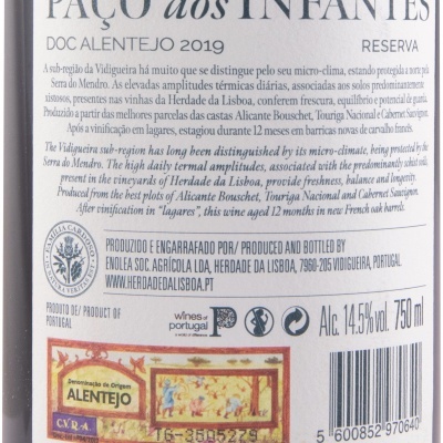 Garrafa de vinho tinto reserva Paço dos Infantes DOC Alentejo 2019 com texto e selo oficial