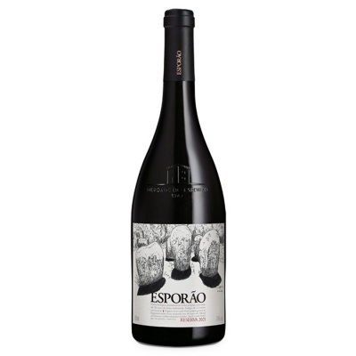 Garrafa de vinho tinto Esporão Reserva 2021 com rótulo ilustrado