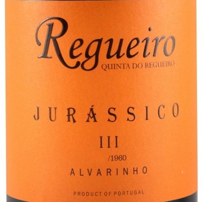 Rótulo de vinho laranja com texto preto Regueiro Jurássico Alvarinho