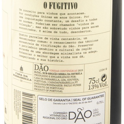 Rótulo traseiro vinho O Fugitivo Dão 75cl 13% selo garantia