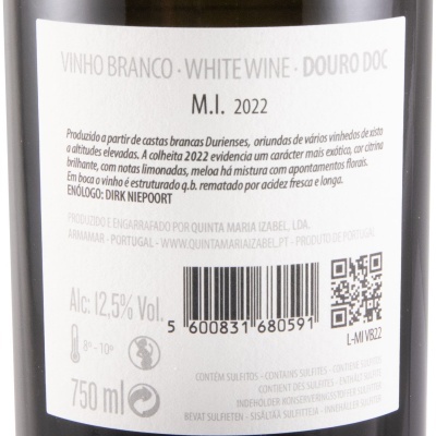 Rótulo de garrafa de vinho branco Douro DOC 2022 com texto, código de barras e QR code.