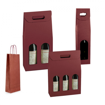 Embalagens castanhas para garrafas de vinho com janelas e saco castanho