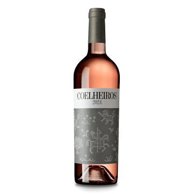 Garrafa de vinho rosé Coelheiros 2024 com rótulo cinzento e branco
